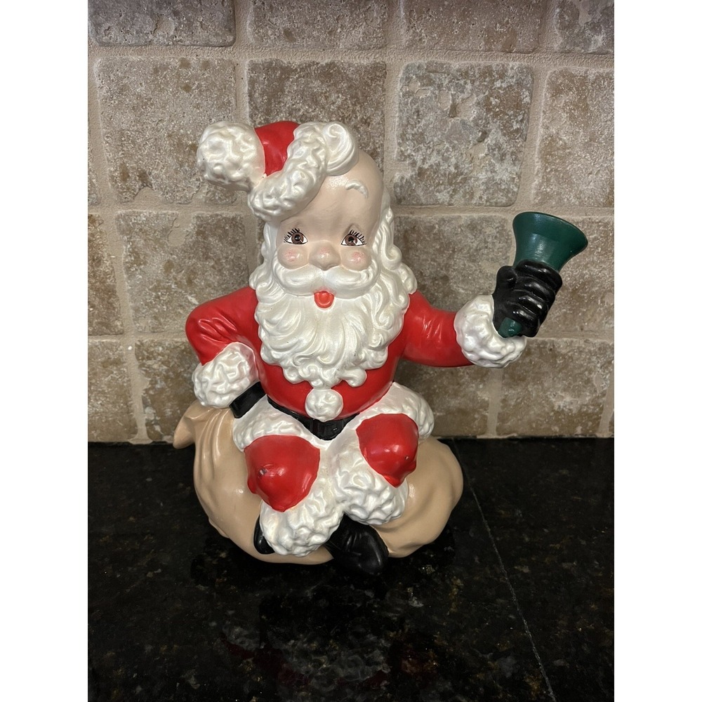 VTG Atlantic Mold Ceramic Santa Claus Sitting‎ On Bag Ringing Bell Hand Painted